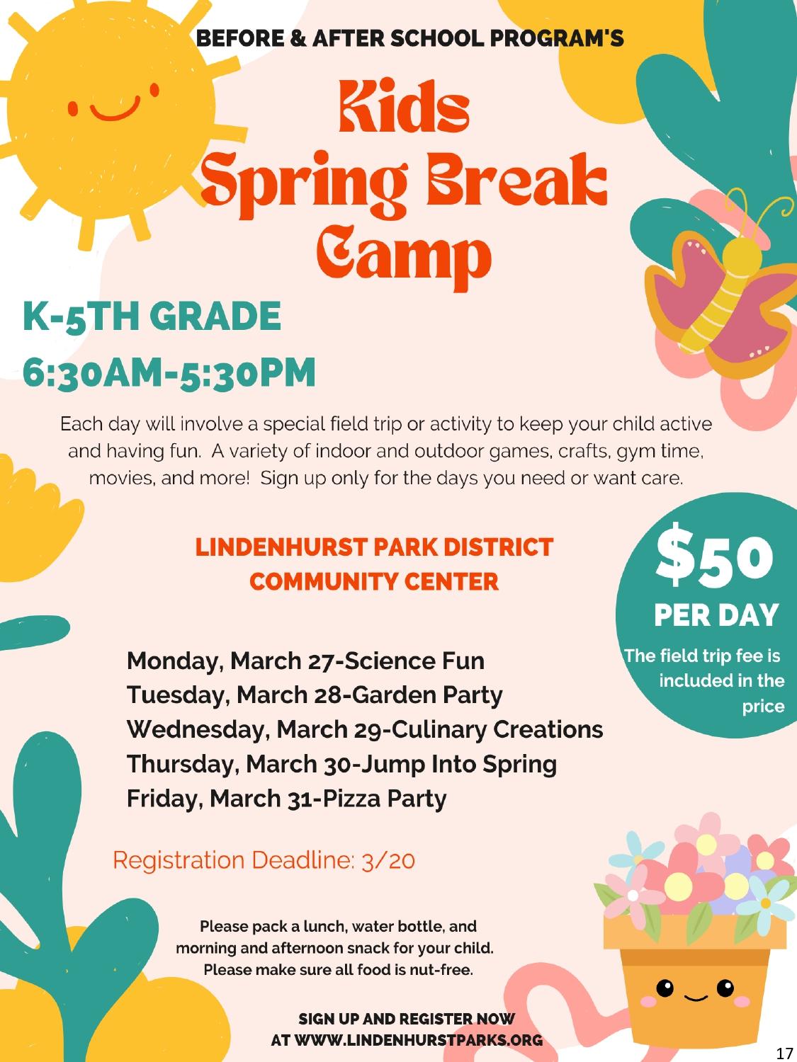 Kids Spring Break Camp - Garden Party (Grade K-5) @ Lindenhurst Park  District