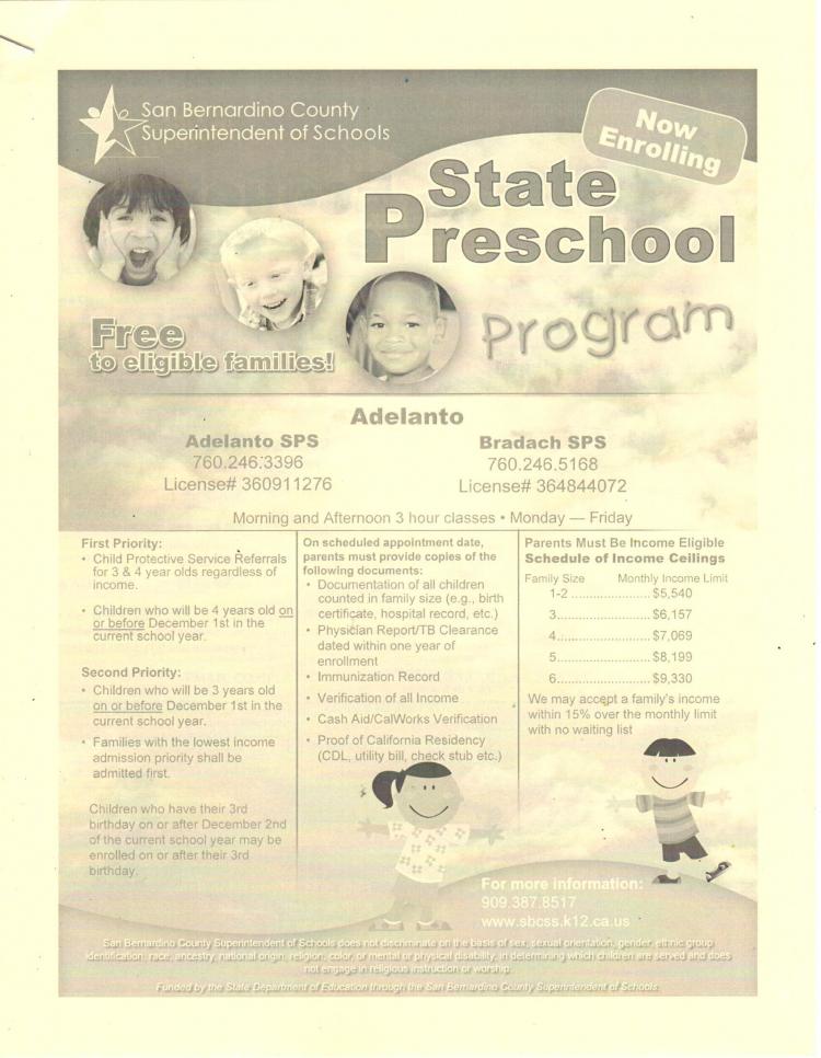 Now enrolling for Adelanto State Preschool for the 2021-2022 school year!