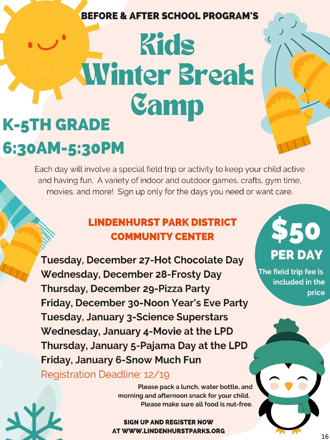 Kids Winter Break Camp - Noon Year's Eve Party (Grade K-5) @ Lindenhurst  Park District